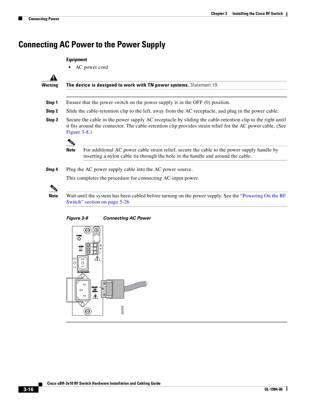 Cisco Systems UBR-3X10 manual Connecting AC Power to the Power Supply 