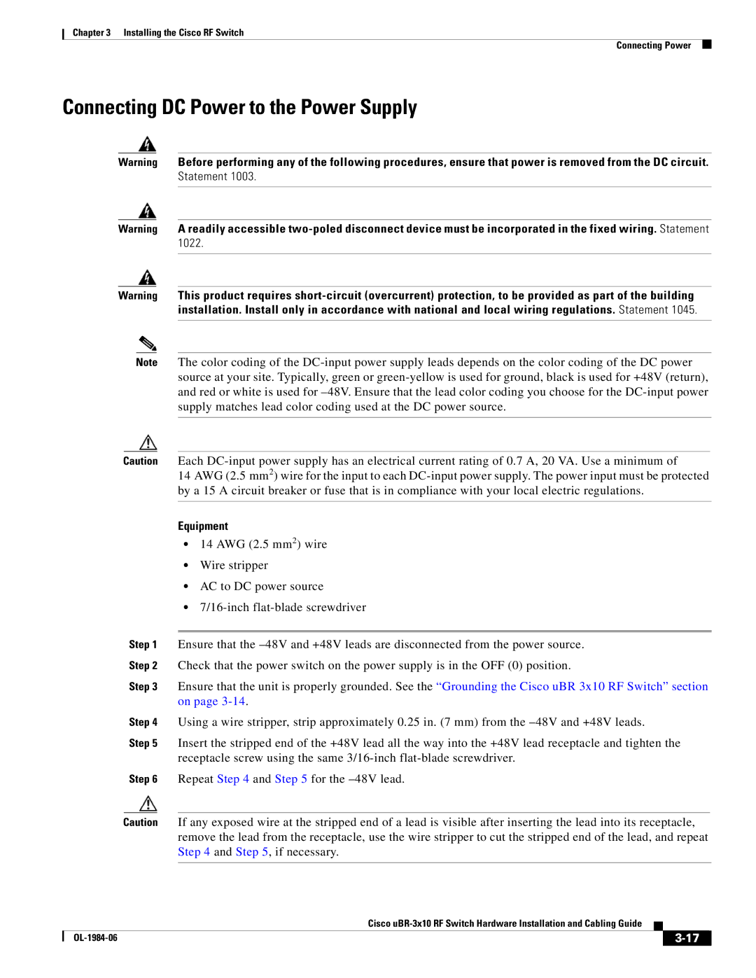 Cisco Systems UBR-3X10 manual Connecting DC Power to the Power Supply 