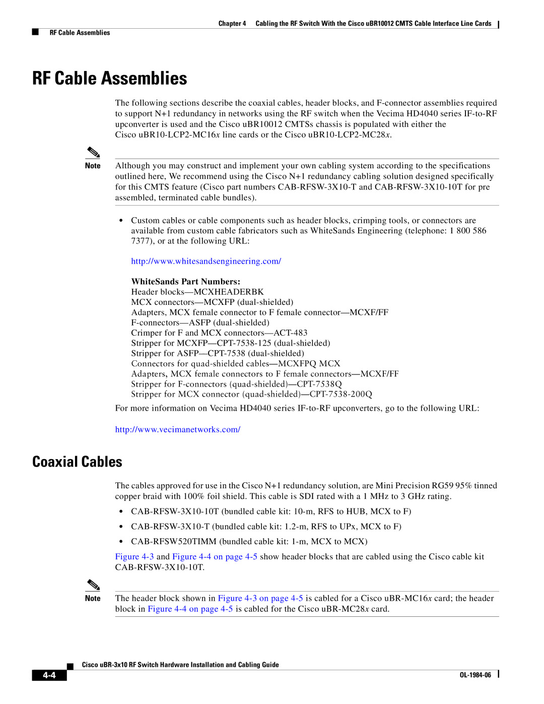 Cisco Systems UBR-3X10 manual RF Cable Assemblies, Coaxial Cables 