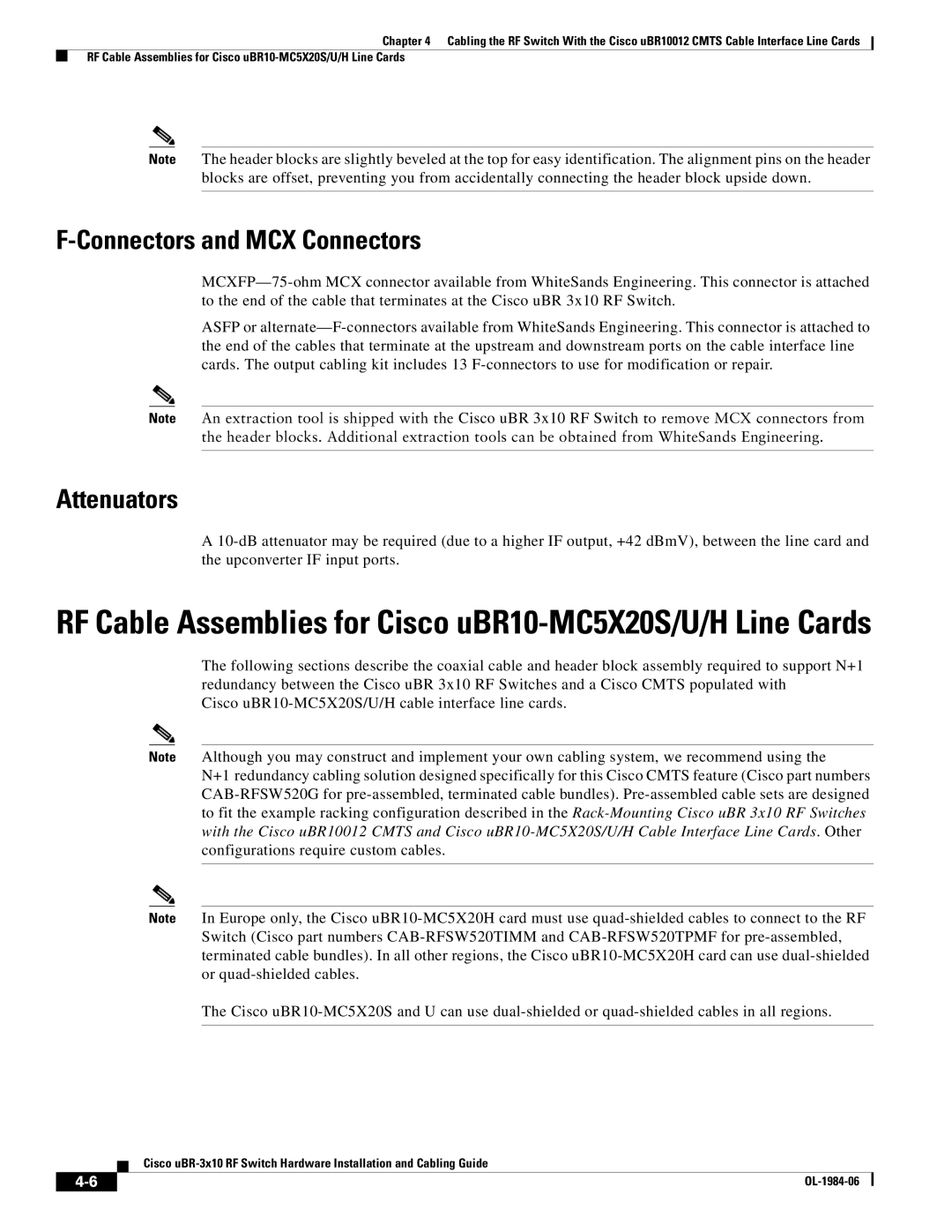 Cisco Systems UBR-3X10 manual Connectors and MCX Connectors, Attenuators 