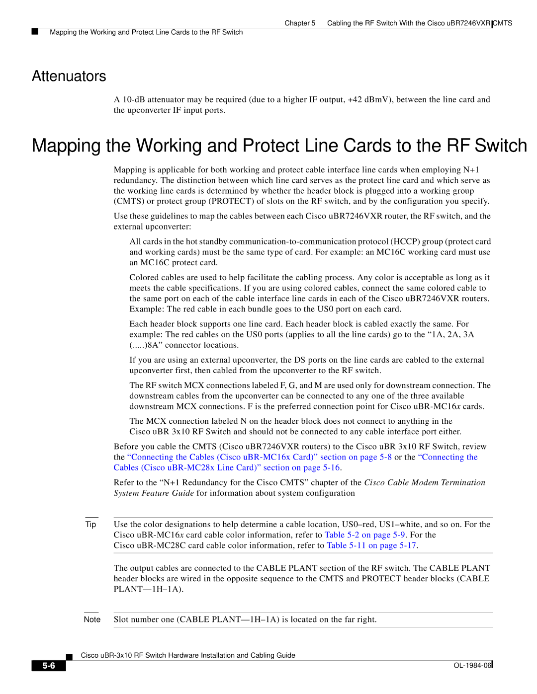 Cisco Systems UBR-3X10 manual Mapping the Working and Protect Line Cards to the RF Switch 