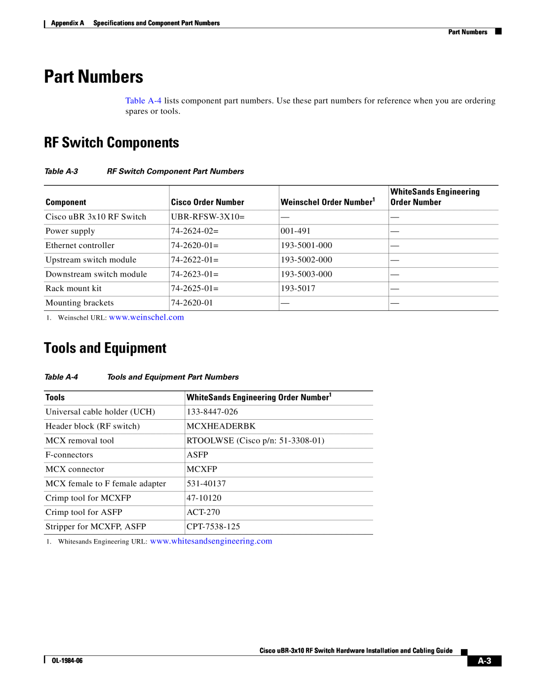 Cisco Systems UBR-3X10 manual Part Numbers, RF Switch Components, Tools and Equipment 