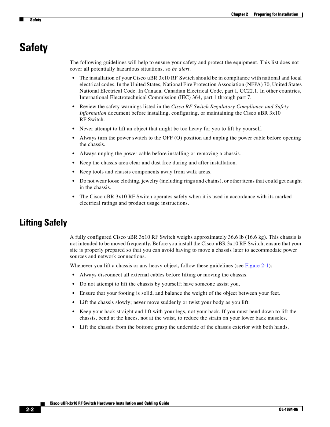 Cisco Systems UBR-3X10 manual Safety, Lifting Safely 