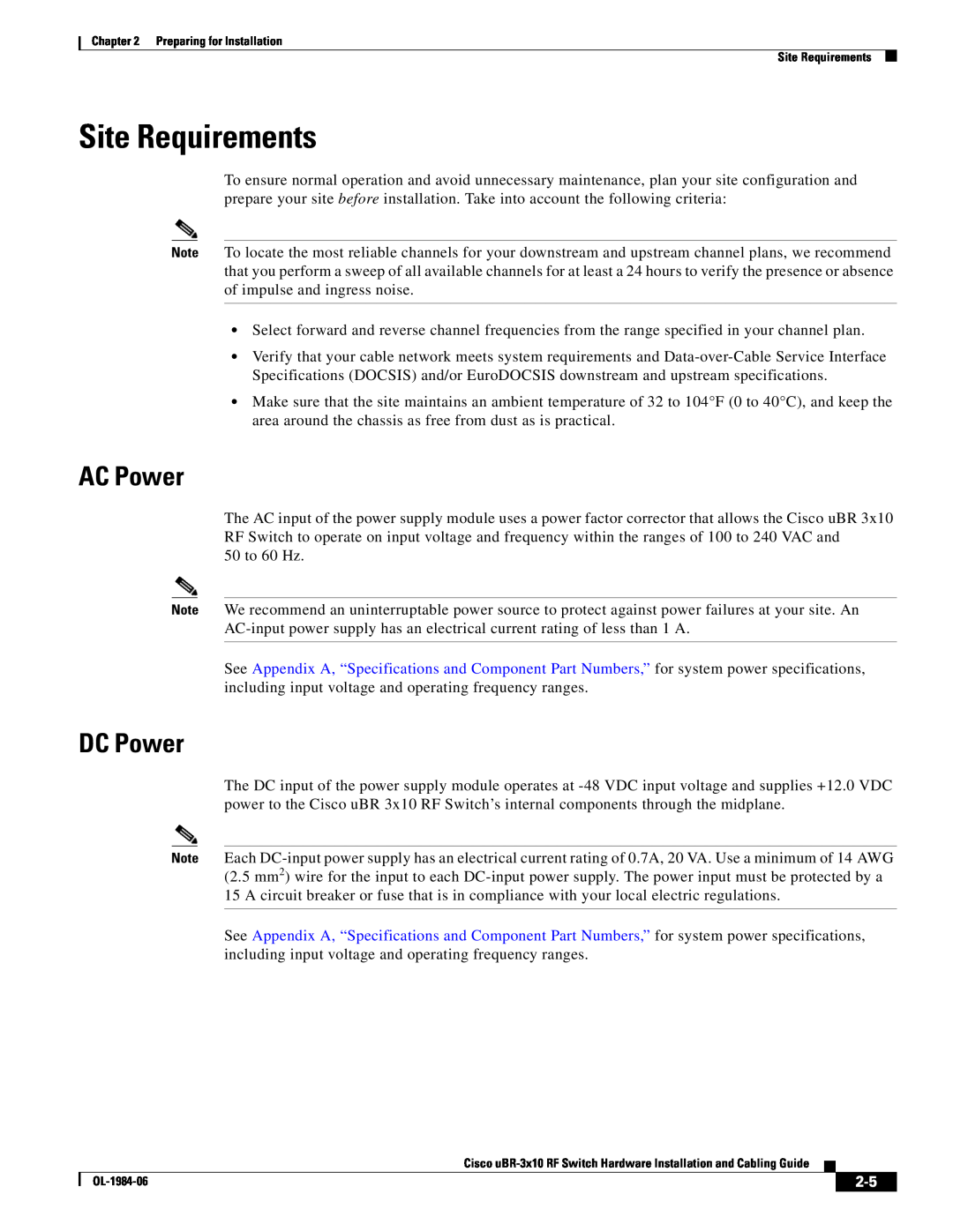 Cisco Systems UBR-3X10 manual Site Requirements, AC Power, DC Power 
