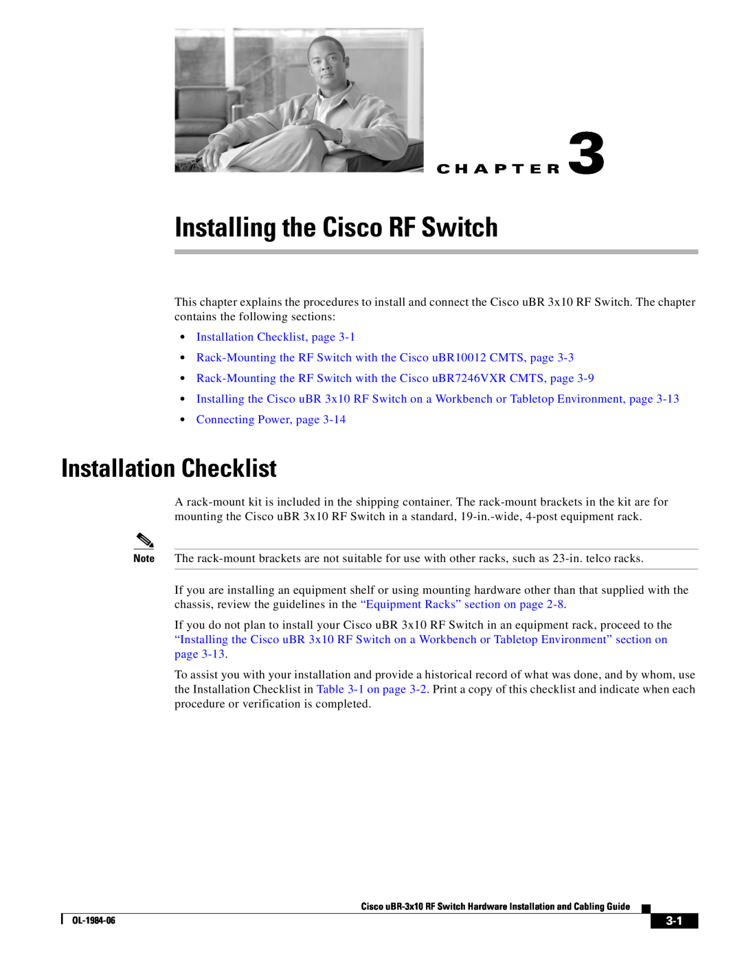 Cisco Systems UBR-3X10 manual Installing the Cisco RF Switch, Installation Checklist, page, Connecting Power, page 