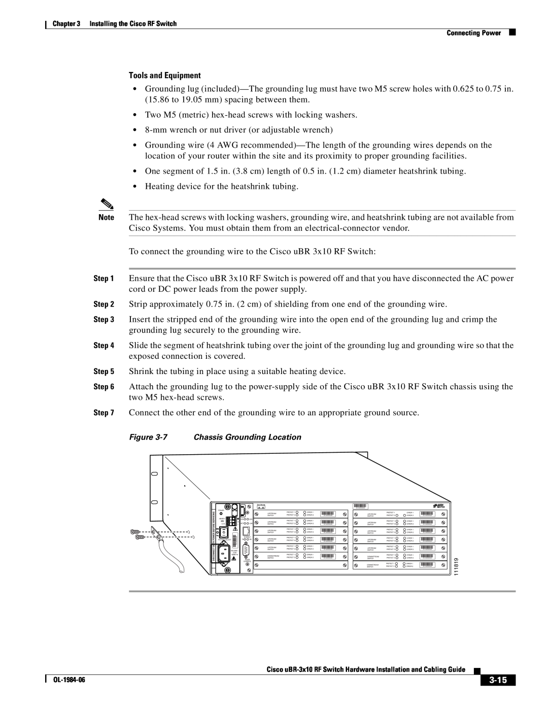 Cisco Systems UBR-3X10 manual 3-15, Tools and Equipment, 7 Chassis Grounding Location 