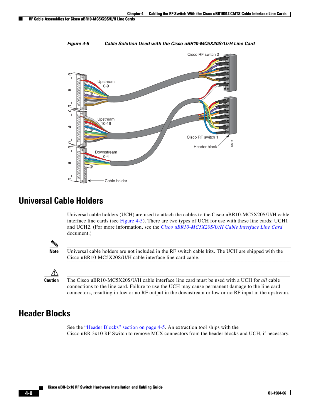 Cisco Systems UBR-3X10 Universal Cable Holders, Header Blocks, Cisco RF switch Upstream 0-9 Upstream 10-19 Cisco RF switch 