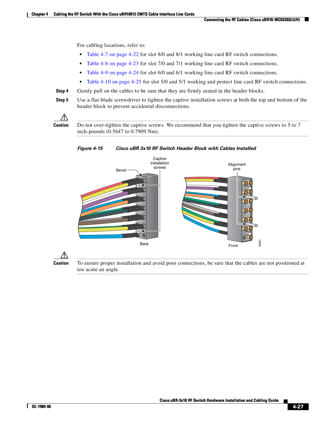 Cisco Systems UBR-3X10 manual 4-27, screws, Bevel, Back, Front, Captive, installation, Alignment, pins 