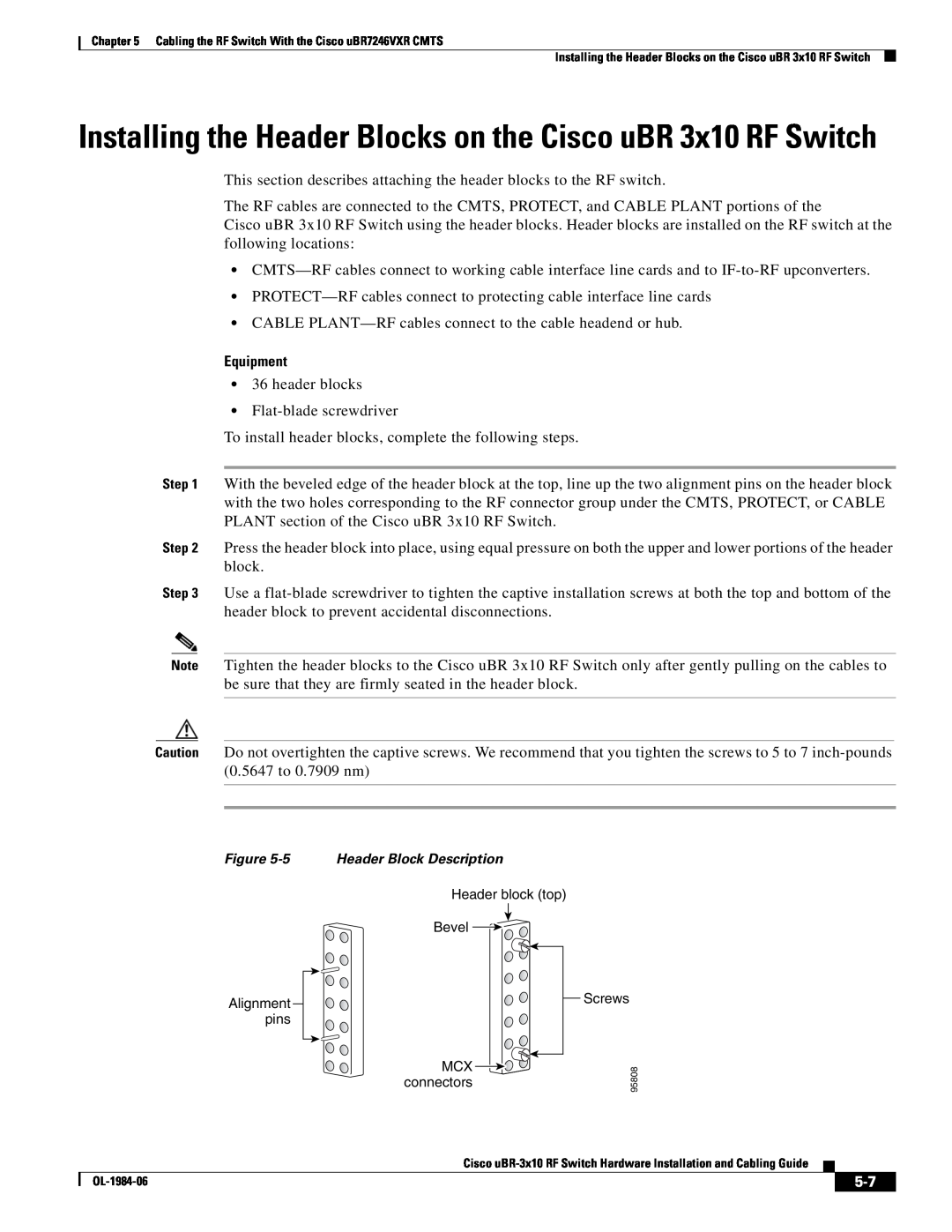 Cisco Systems UBR-3X10 manual Installing the Header Blocks on the Cisco uBR 3x10 RF Switch, Equipment 