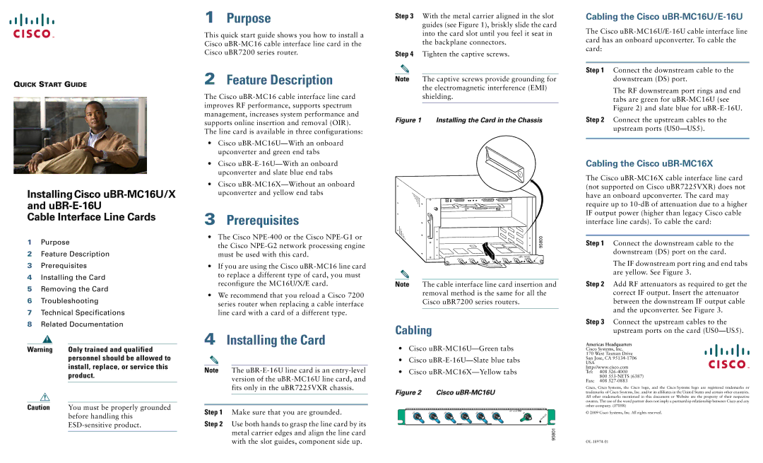 Cisco Systems uBR-MC16U/X, uBR-E-16U quick start Purpose, Feature Description, Prerequisites, Installing the Card 