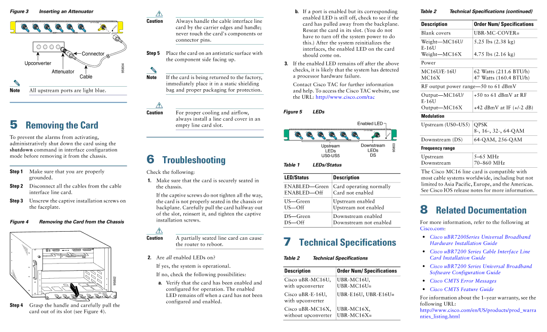 Cisco Systems uBR-E-16U, uBR-MC16U/X Removing the Card, Troubleshooting, Technical Specifications, Related Documentation 