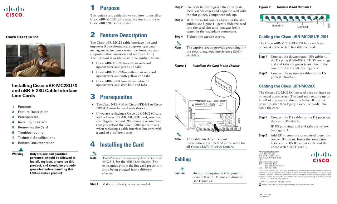 Cisco Systems uBR-MC28U, uBR-MC28X quick start Purpose, Feature Description, Prerequisites, Installing the Card 