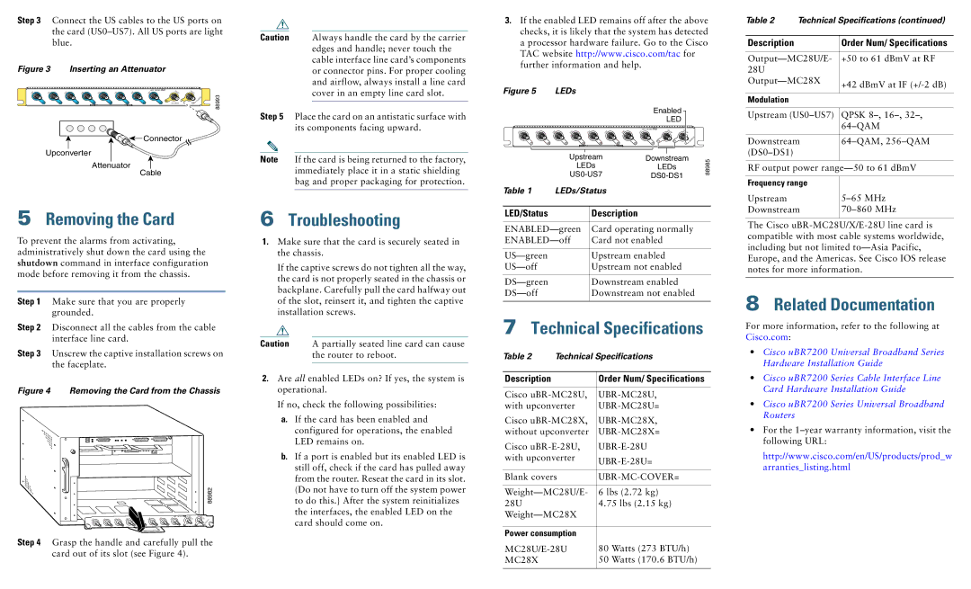 Cisco Systems uBR-MC28X, uBR-MC28U Removing the Card, Troubleshooting, Technical Specifications, Related Documentation 