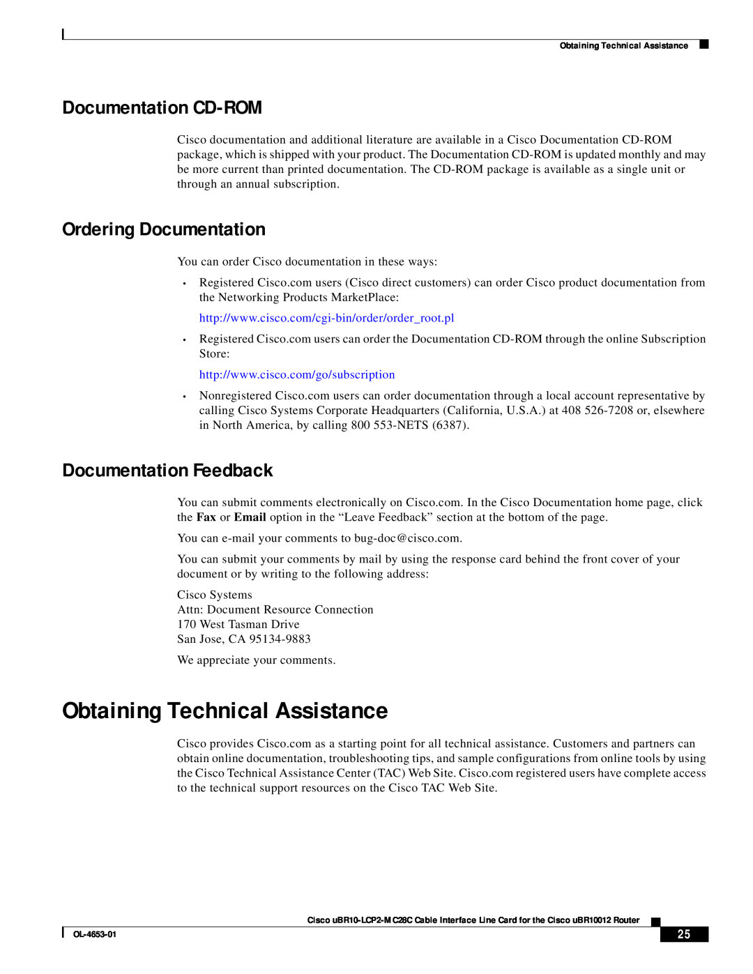 Cisco Systems uBR10-LCP2-MC28C manual Obtaining Technical Assistance, Documentation CD-ROM, Ordering Documentation 