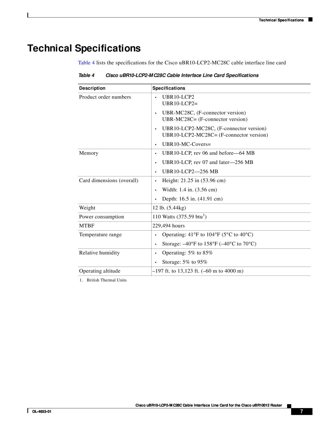 Cisco Systems uBR10-LCP2-MC28C manual Technical Specifications 