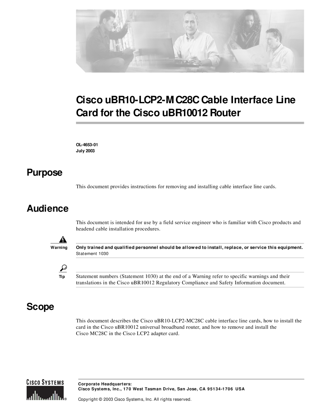 Cisco Systems uBR10-LCP2-MC28C manual Purpose, Audience, Scope 