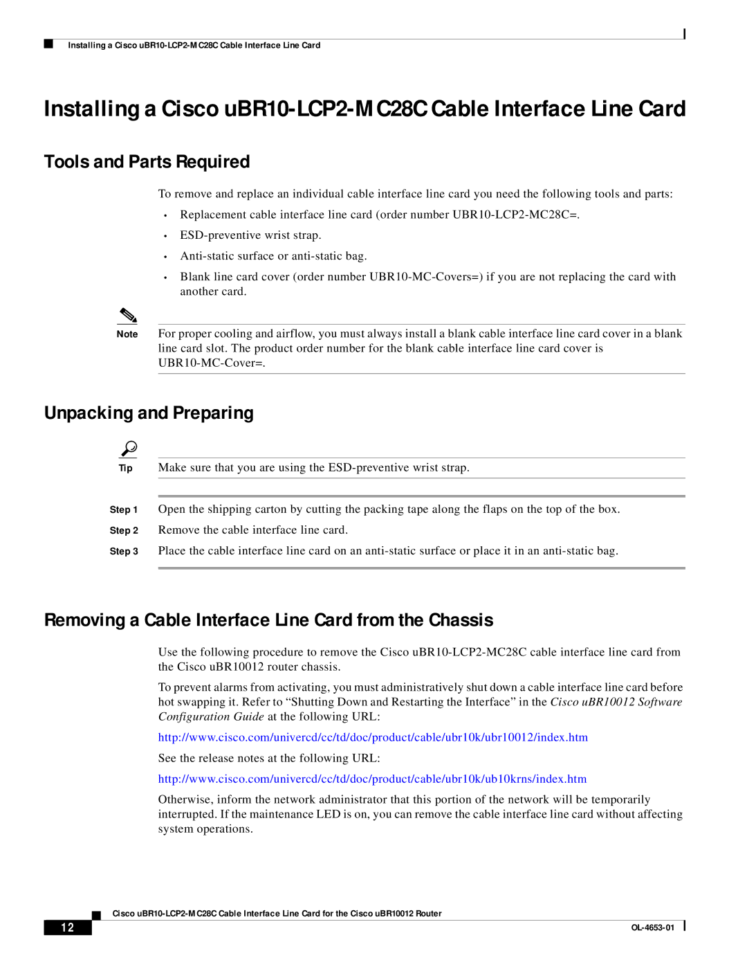 Cisco Systems uBR10-LCP2-MC28C manual Tools and Parts Required, Unpacking and Preparing 