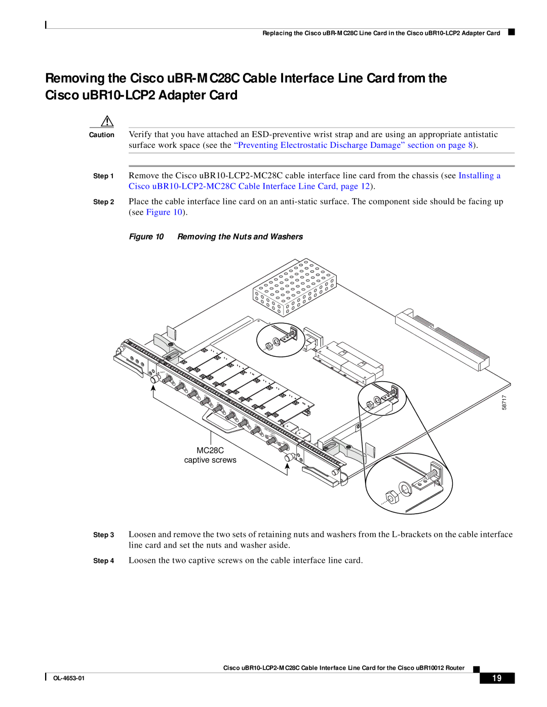 Cisco Systems uBR10-LCP2-MC28C manual Removing the Nuts and Washers 