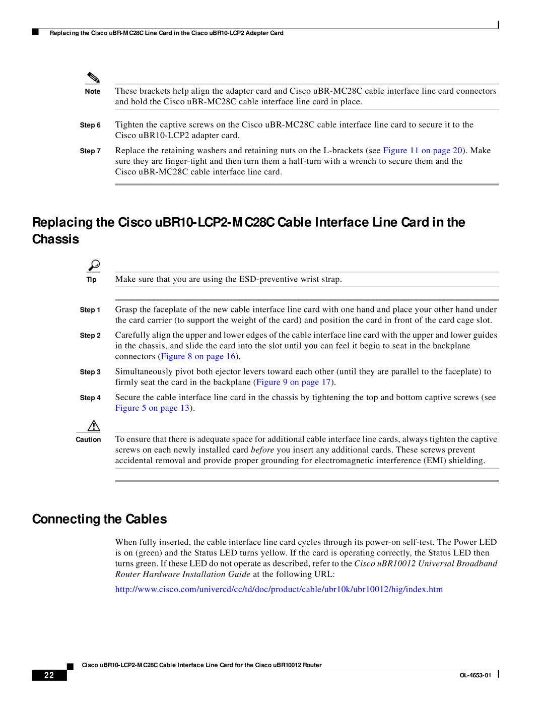 Cisco Systems uBR10-LCP2-MC28C manual Connecting the Cables 