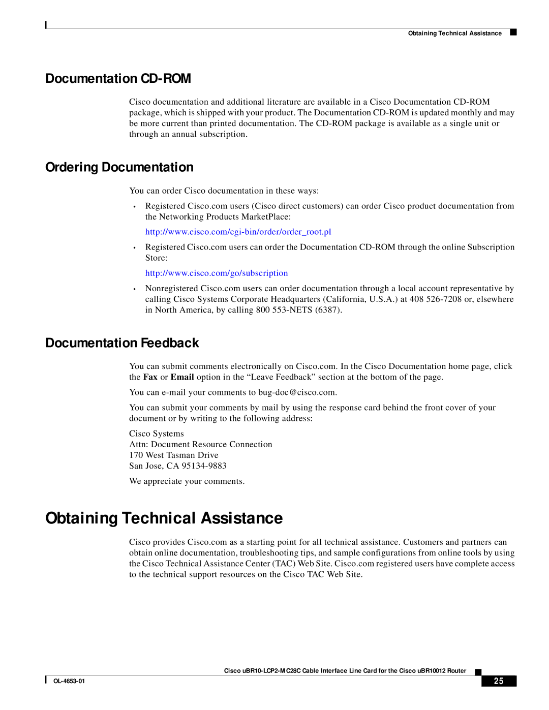 Cisco Systems uBR10-LCP2-MC28C manual Obtaining Technical Assistance, Documentation CD-ROM, Ordering Documentation 