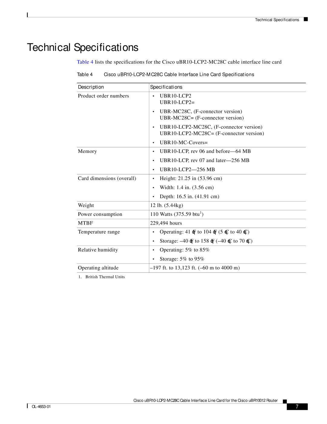 Cisco Systems uBR10-LCP2-MC28C manual Technical Specifications, Description Specifications 