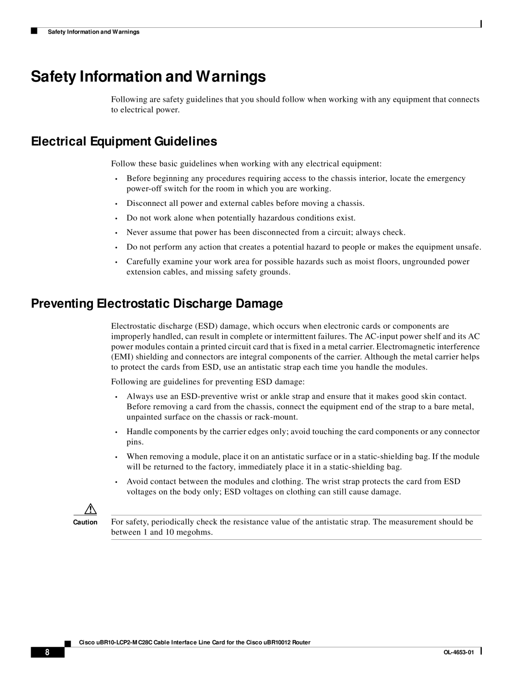 Cisco Systems uBR10-LCP2-MC28C manual Safety Information and Warnings, Electrical Equipment Guidelines 