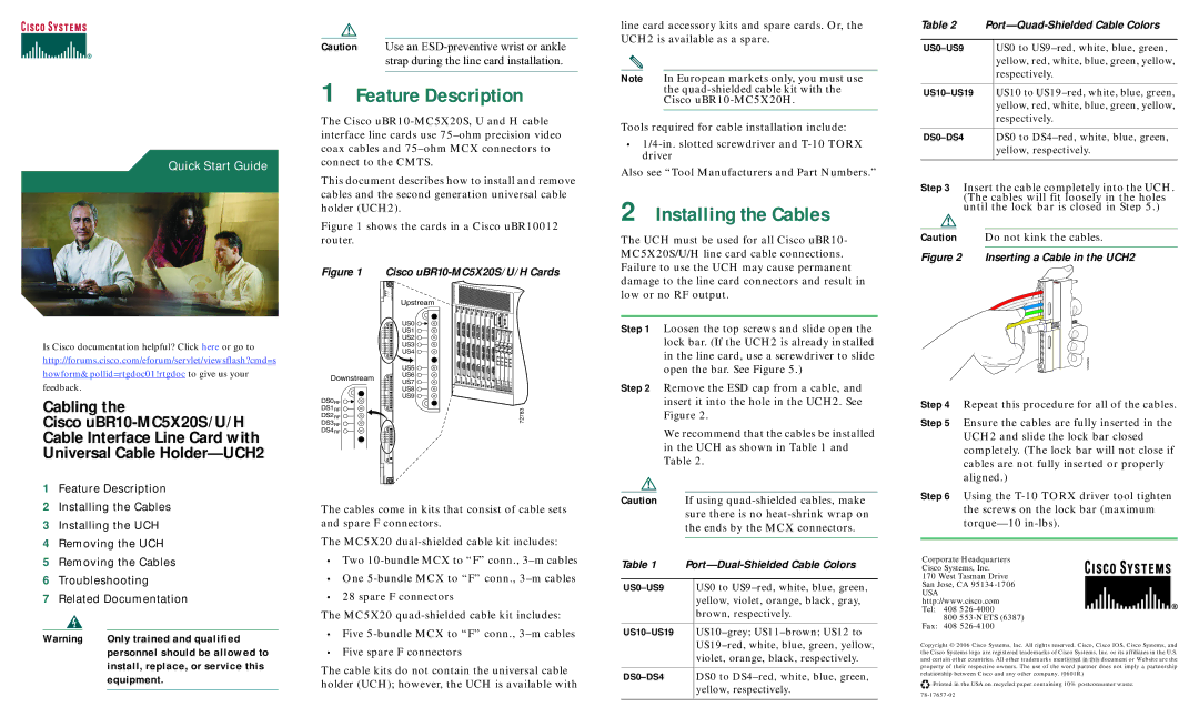 Cisco Systems uBR10-MC5X20S, uBR10-MC5X20H quick start Feature Description, Installing the Cables 