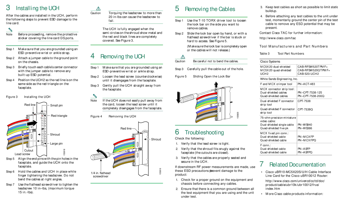 Cisco Systems uBR10-MC5X20H, uBR10-MC5X20S Installing the UCH, Removing the UCH, Removing the Cables, Troubleshooting 