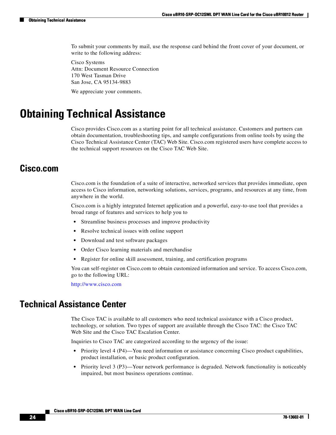 Cisco Systems uBR10-SRP-OC12SML Obtaining Technical Assistance, Cisco.com, Technical Assistance Center 