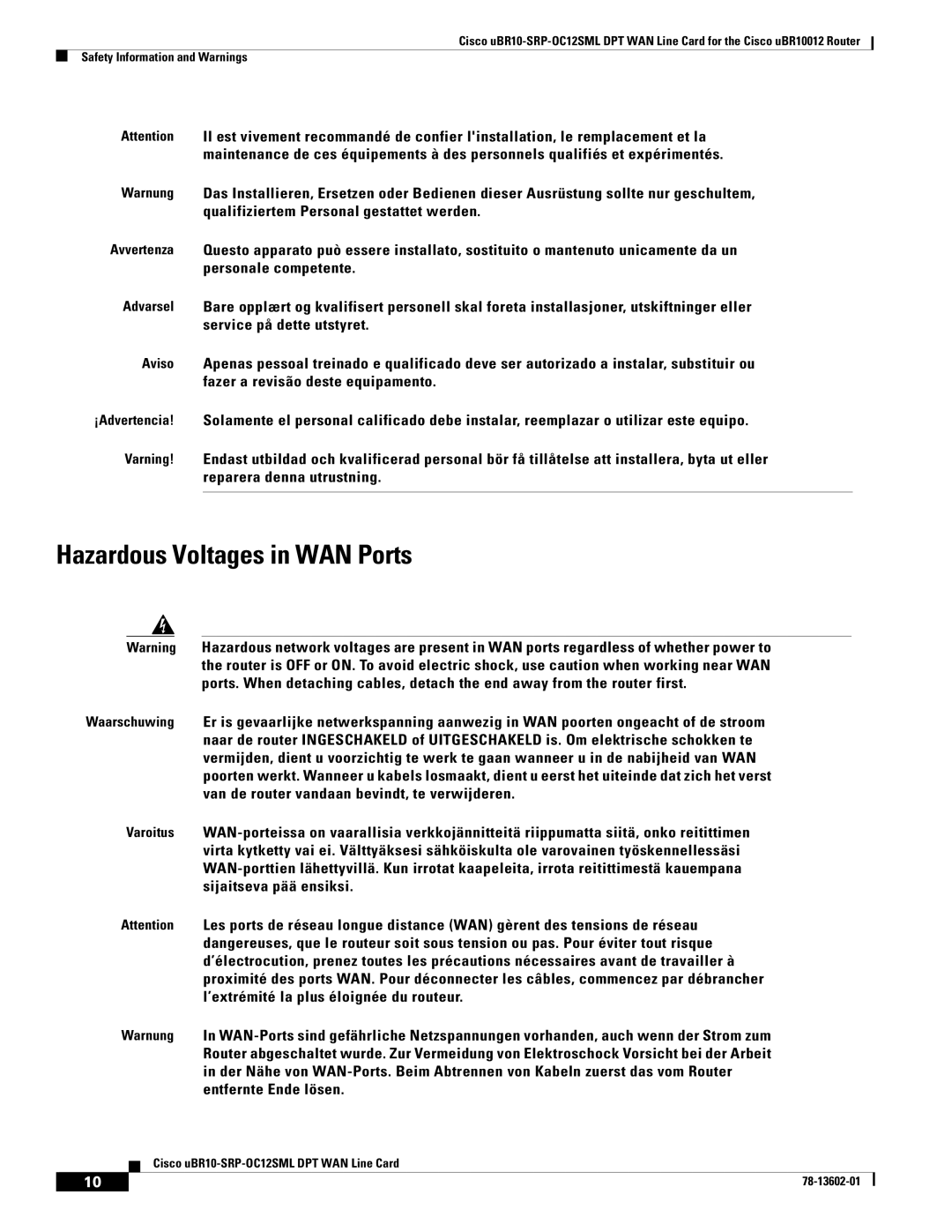 Cisco Systems uBR10-SRP-OC12SML technical specifications Hazardous Voltages in WAN Ports 