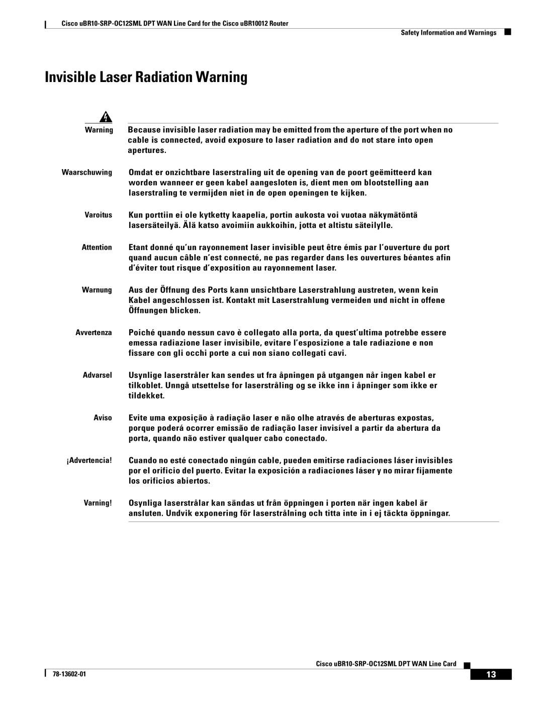 Cisco Systems uBR10-SRP-OC12SML technical specifications Invisible Laser Radiation Warning 