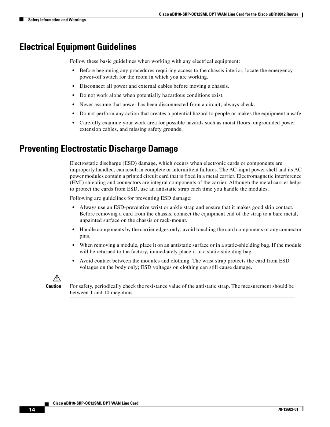 Cisco Systems uBR10-SRP-OC12SML Electrical Equipment Guidelines, Preventing Electrostatic Discharge Damage 