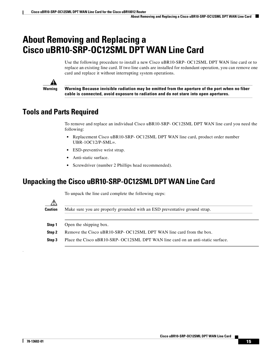 Cisco Systems technical specifications Tools and Parts Required, Unpacking the Cisco uBR10-SRP-OC12SML DPT WAN Line Card 