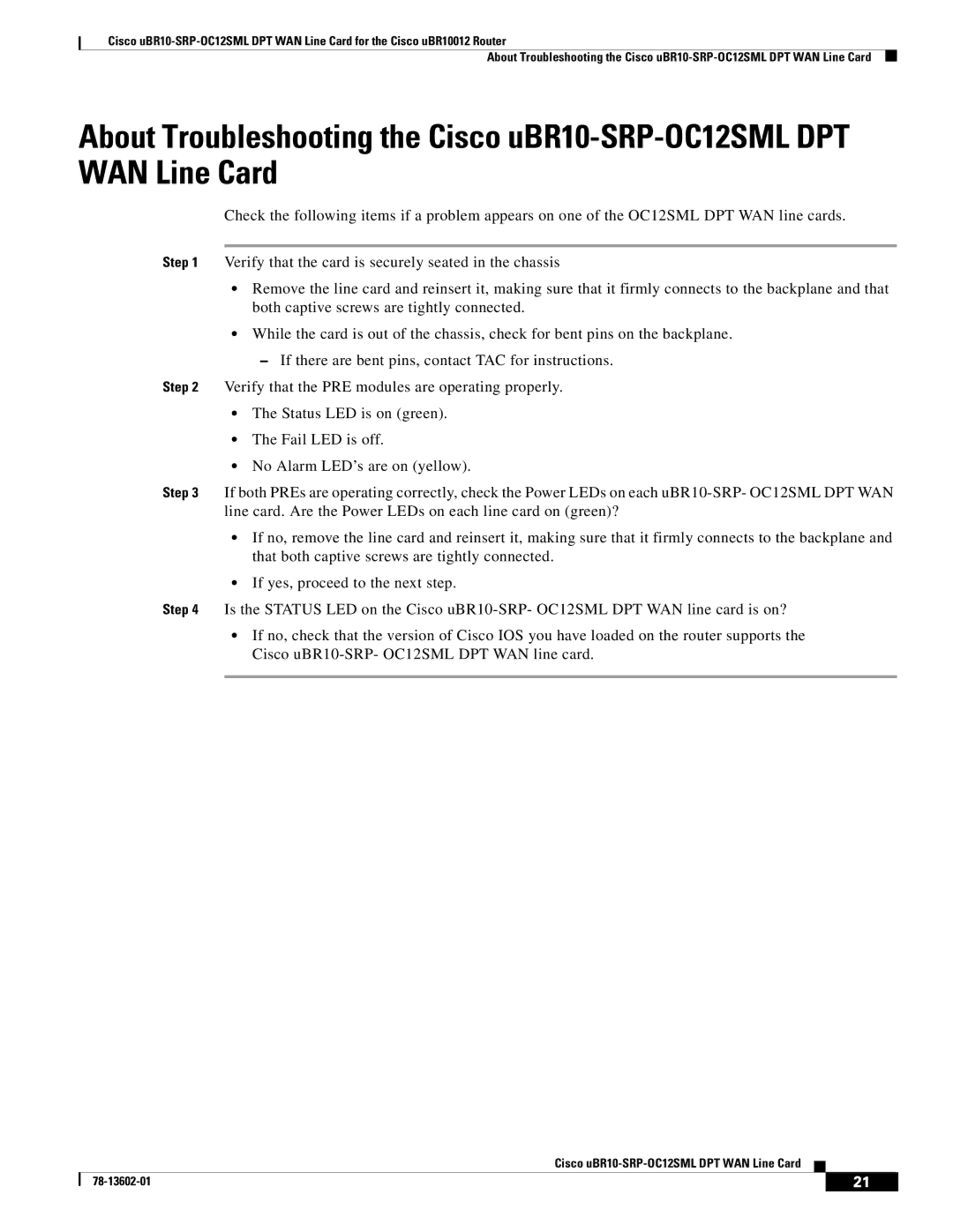 Cisco Systems technical specifications Cisco uBR10-SRP-OC12SML DPT WAN Line Card 