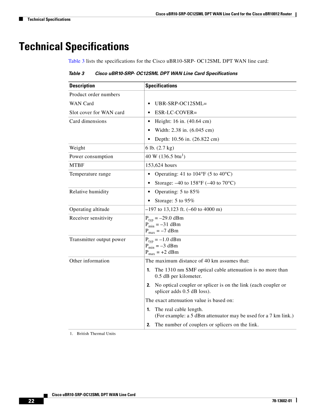 Cisco Systems uBR10-SRP-OC12SML technical specifications Technical Specifications, Description Specifications 