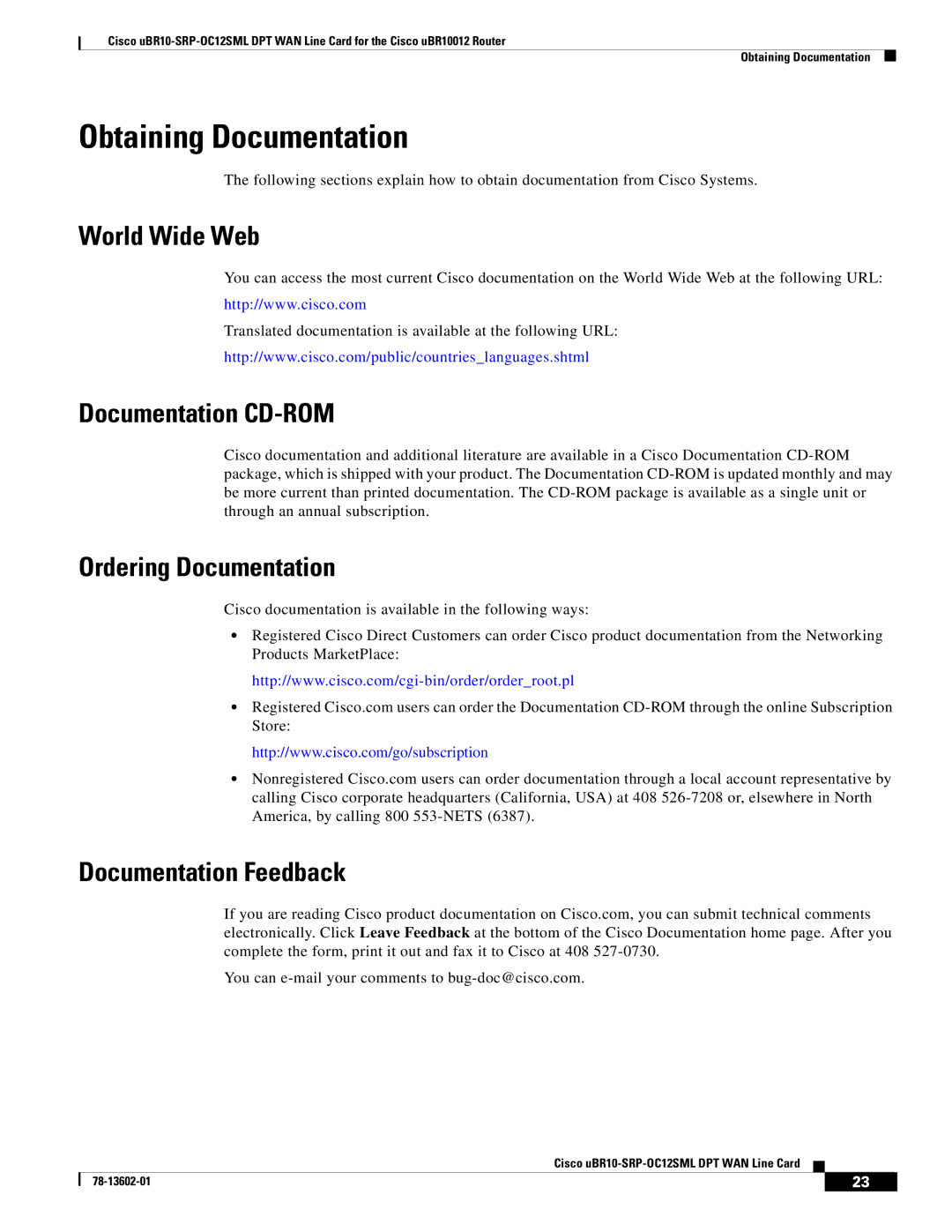 Cisco Systems uBR10-SRP-OC12SML Obtaining Documentation, World Wide Web, Documentation CD-ROM, Ordering Documentation 