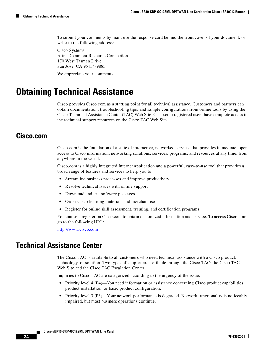 Cisco Systems uBR10-SRP-OC12SML Obtaining Technical Assistance, Cisco.com, Technical Assistance Center 