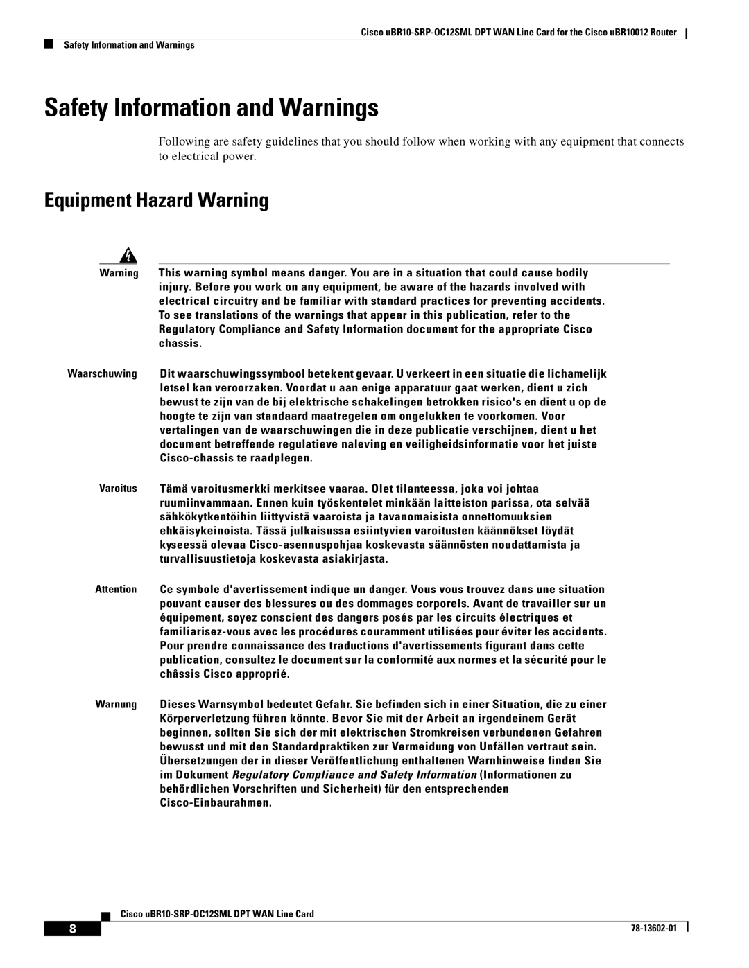 Cisco Systems uBR10-SRP-OC12SML technical specifications Safety Information and Warnings, Equipment Hazard Warning 