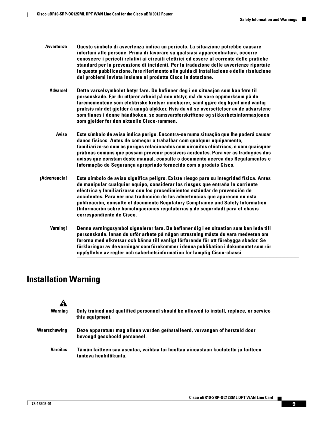 Cisco Systems uBR10-SRP-OC12SML technical specifications Installation Warning 