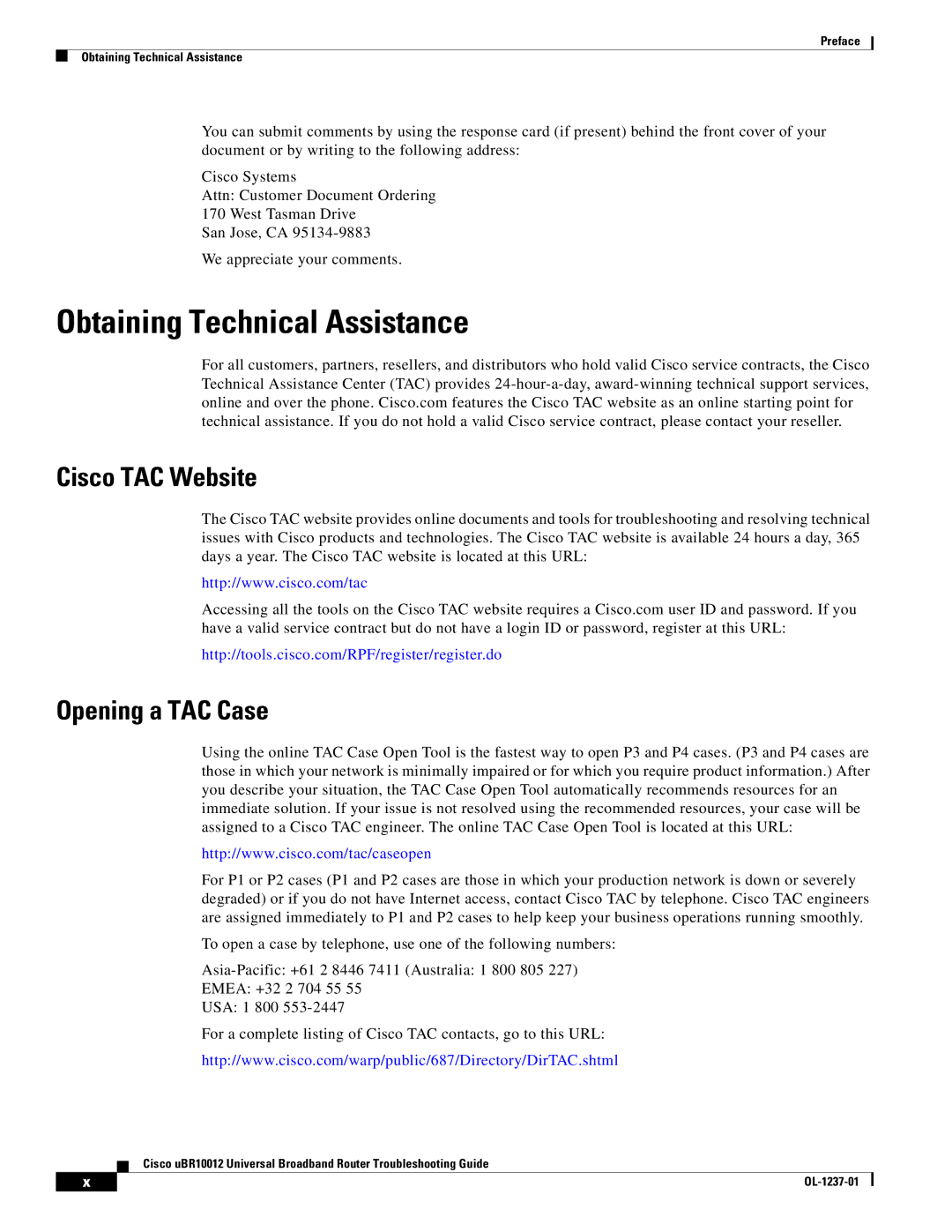 Cisco Systems UBR10012 manual Obtaining Technical Assistance, Cisco TAC Website, Opening a TAC Case 