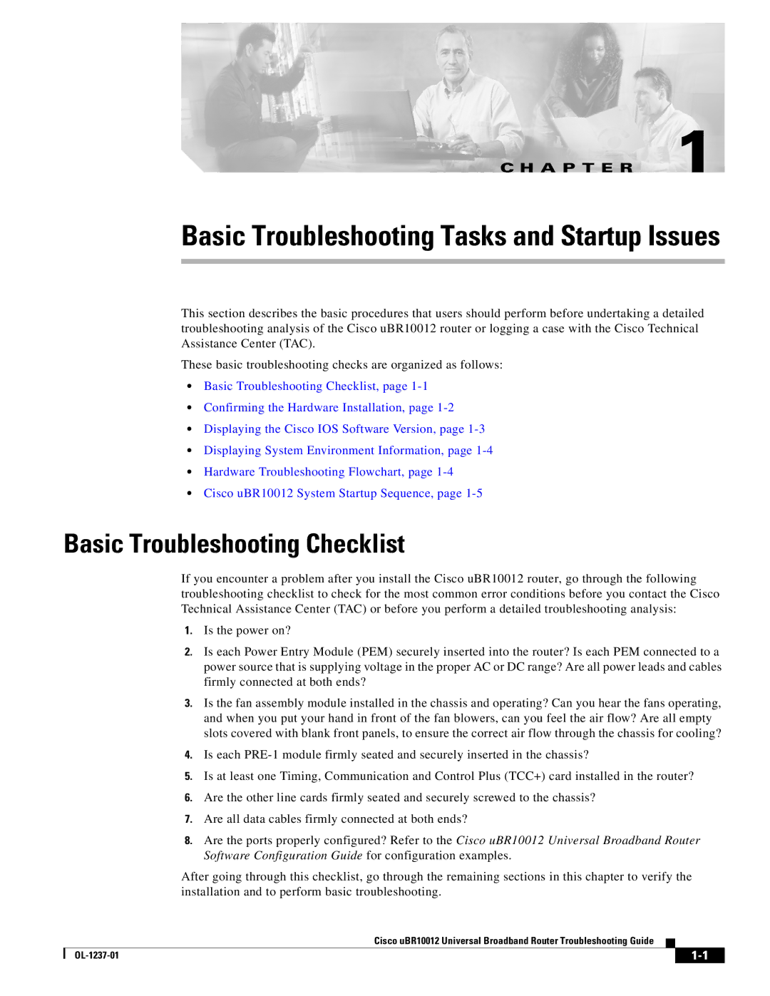 Cisco Systems UBR10012 manual Basic Troubleshooting Checklist, Basic Troubleshooting Tasks and Startup Issues 