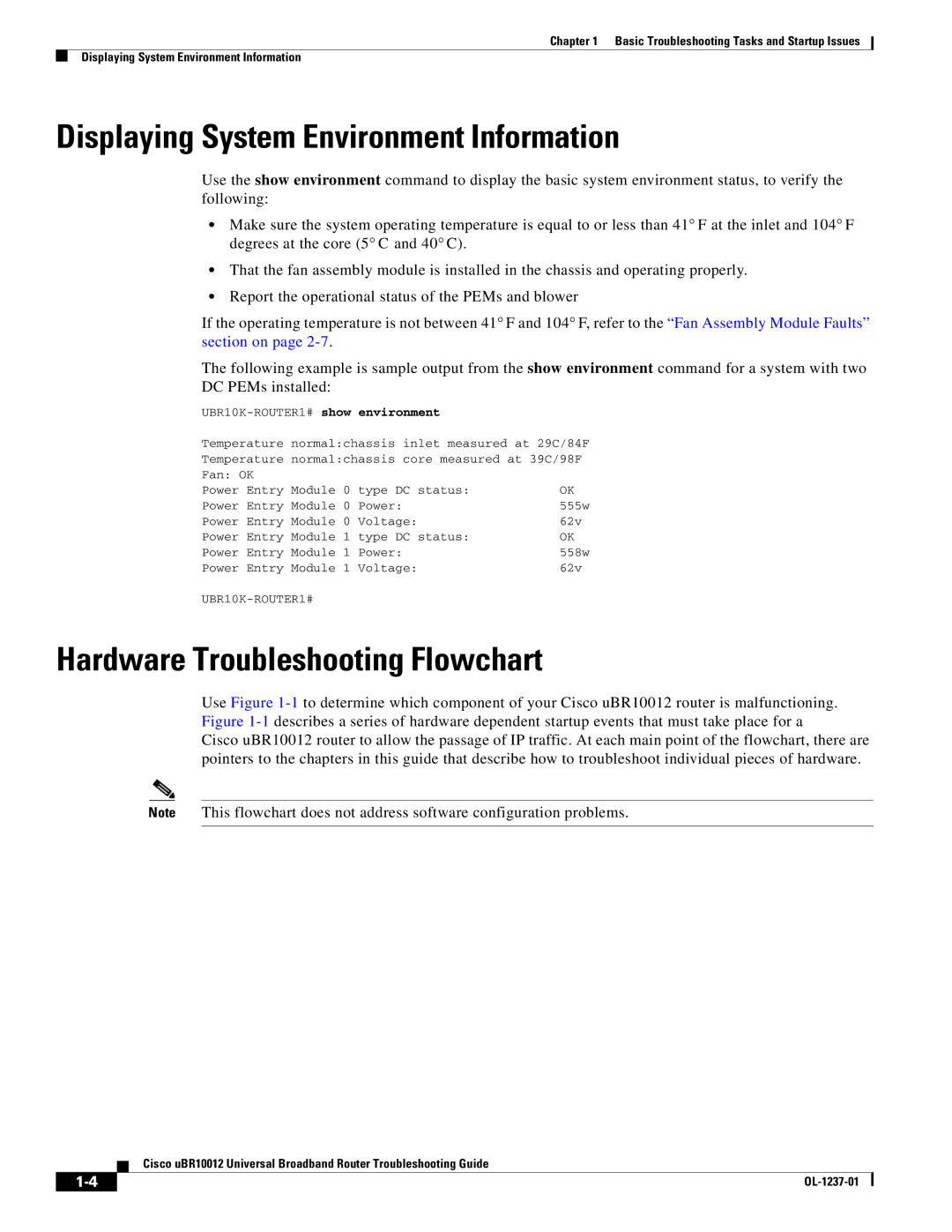 Cisco Systems UBR10012 manual Displaying System Environment Information, Hardware Troubleshooting Flowchart 