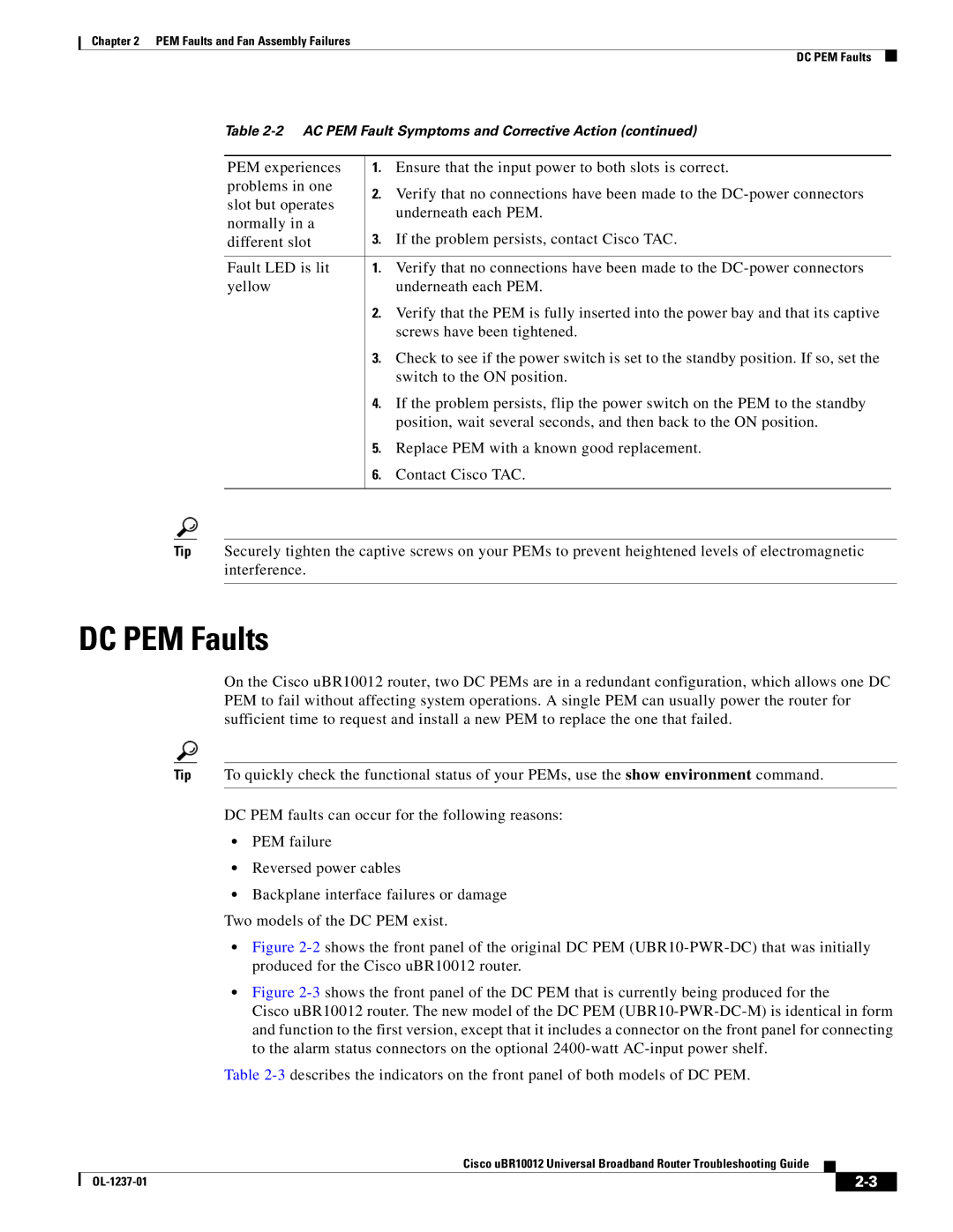 Cisco Systems UBR10012 manual DC PEM Faults 