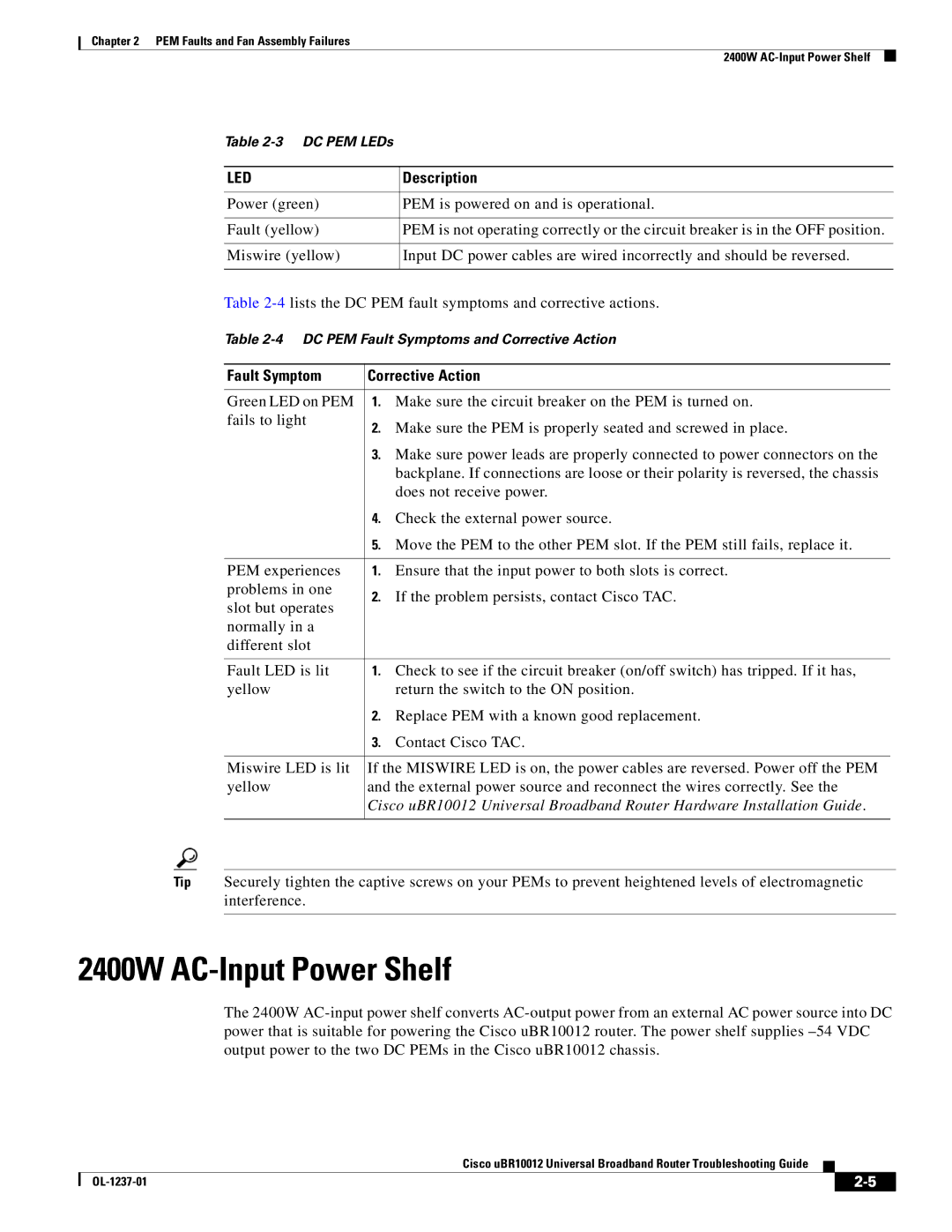 Cisco Systems UBR10012 manual 2400W AC-Input Power Shelf, Description 