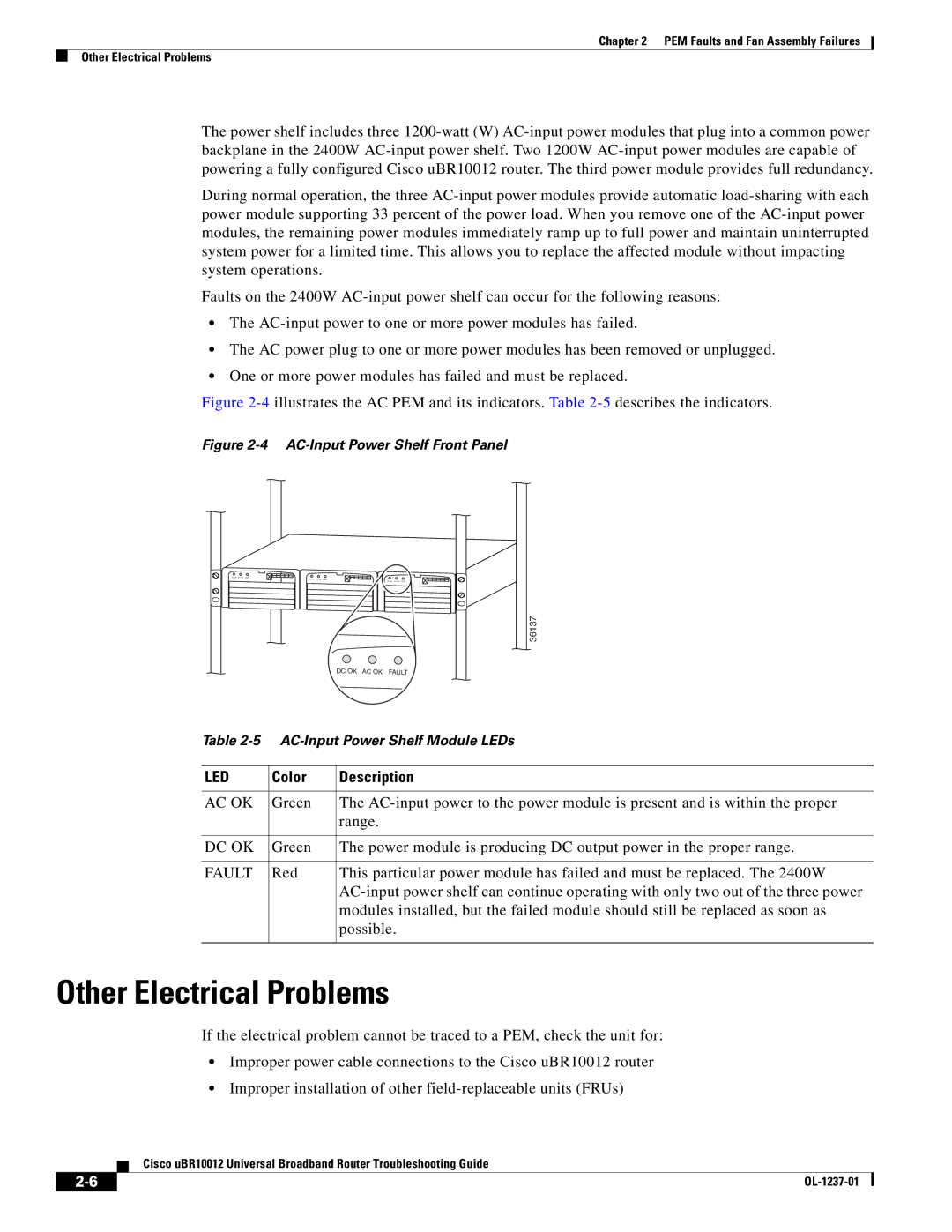 Cisco Systems UBR10012 manual Other Electrical Problems, Ac Ok, Dc Ok, Fault 