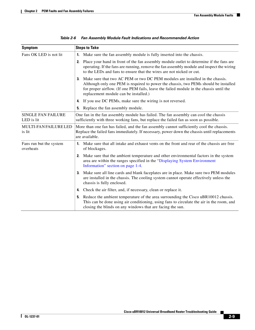 Cisco Systems UBR10012 manual Symptom Steps to Take, Single FAN Failure, MULTI-FAN Failure LED 