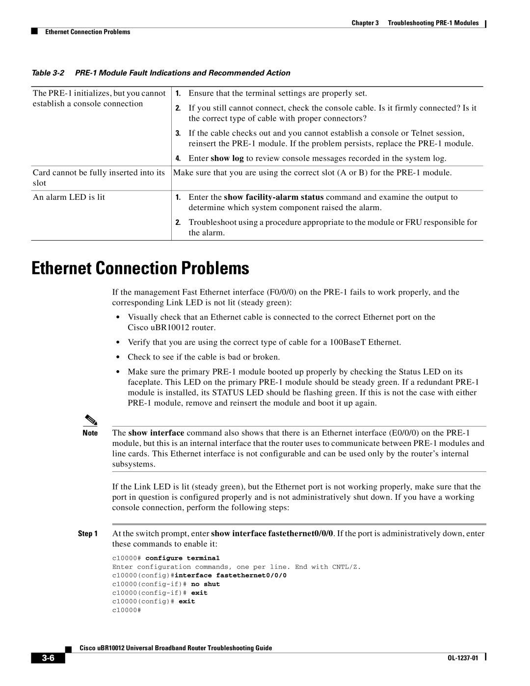 Cisco Systems UBR10012 manual Ethernet Connection Problems, C10000config#interface fastethernet0/0/0 