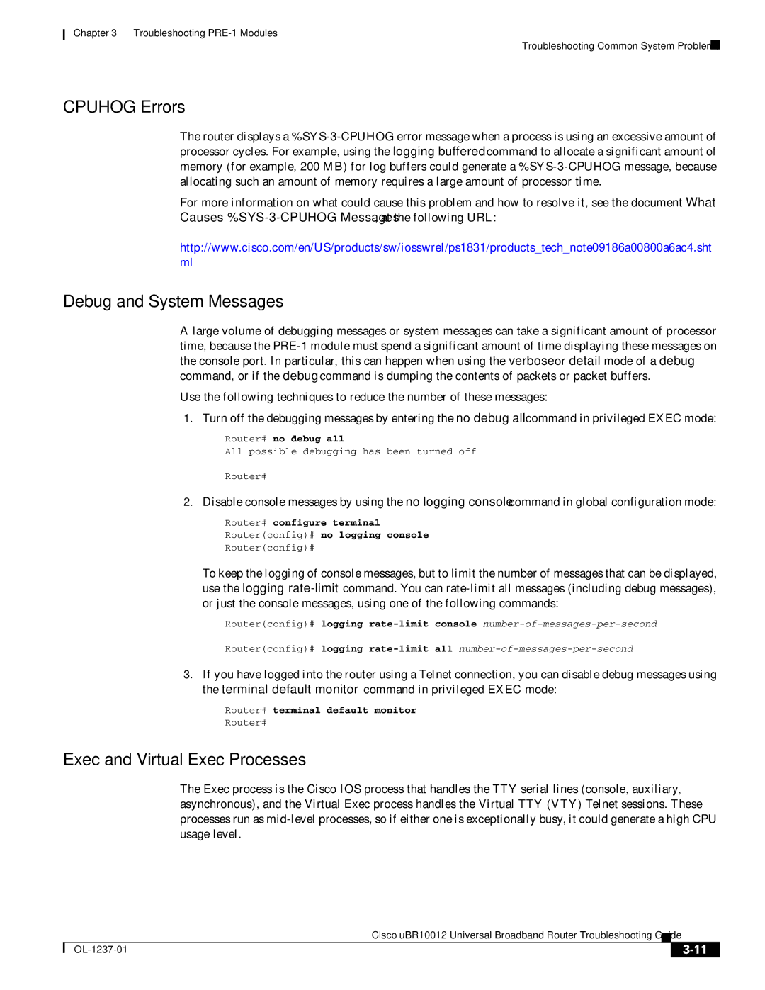 Cisco Systems UBR10012 manual Cpuhog Errors, Debug and System Messages, Exec and Virtual Exec Processes 