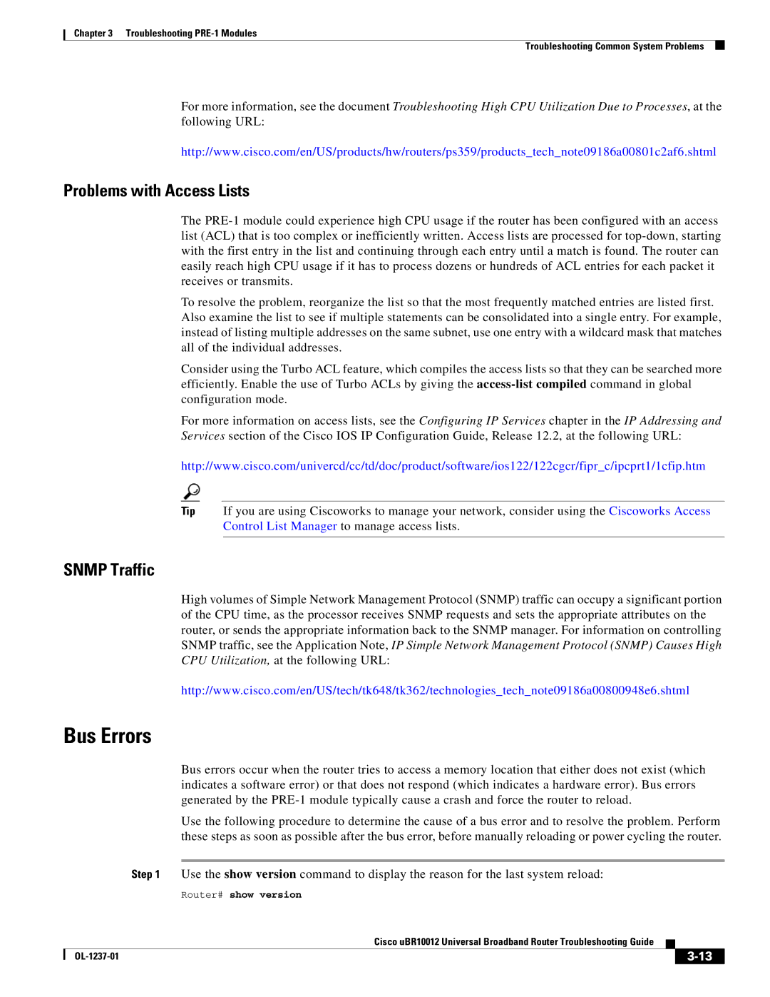 Cisco Systems UBR10012 manual Bus Errors, Problems with Access Lists, Snmp Traffic 