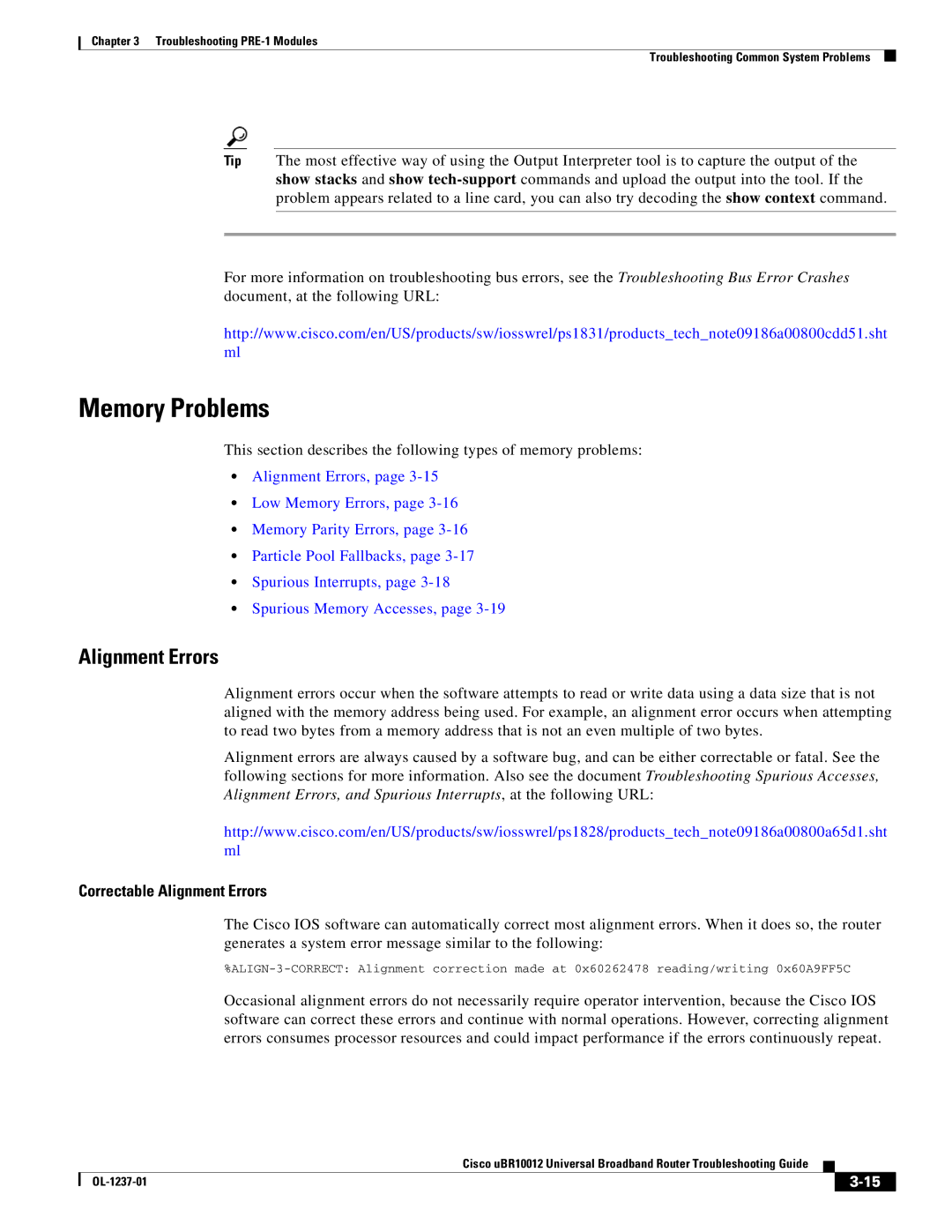 Cisco Systems UBR10012 manual Memory Problems, Alignment Errors 